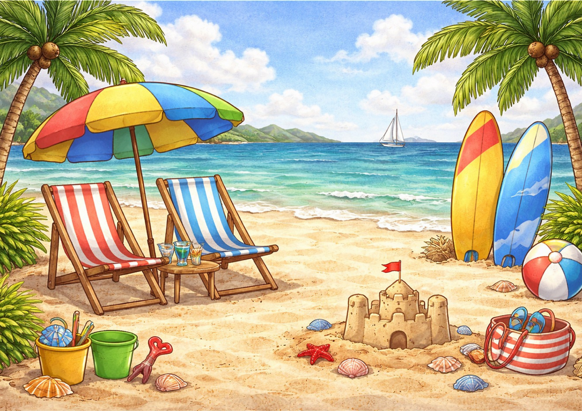 Printable paper doll beach background for Bean
